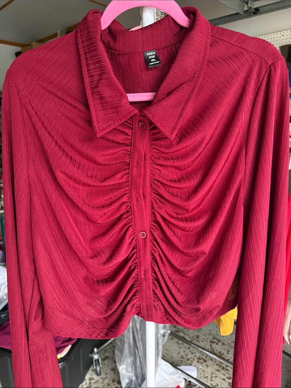 SHEIN Ruched Button-Down Long Sleeve Top - Burgundy